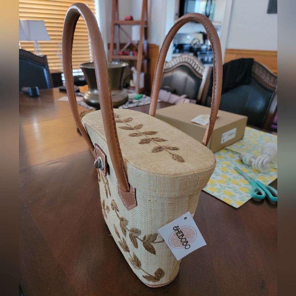 Shebobo Woven Straw Handbag with Leaf Design